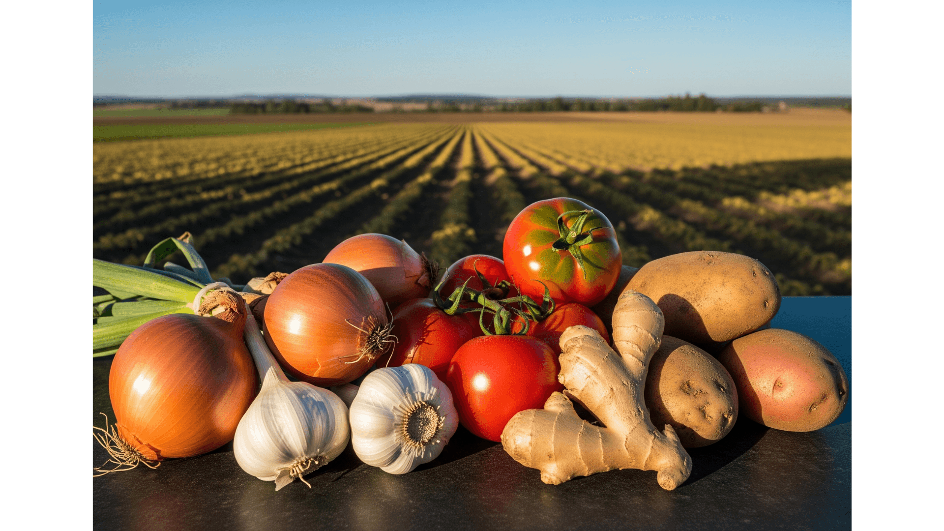 Fresh agricultural products - onions, garlic, tomatoes, ginger and potatoes